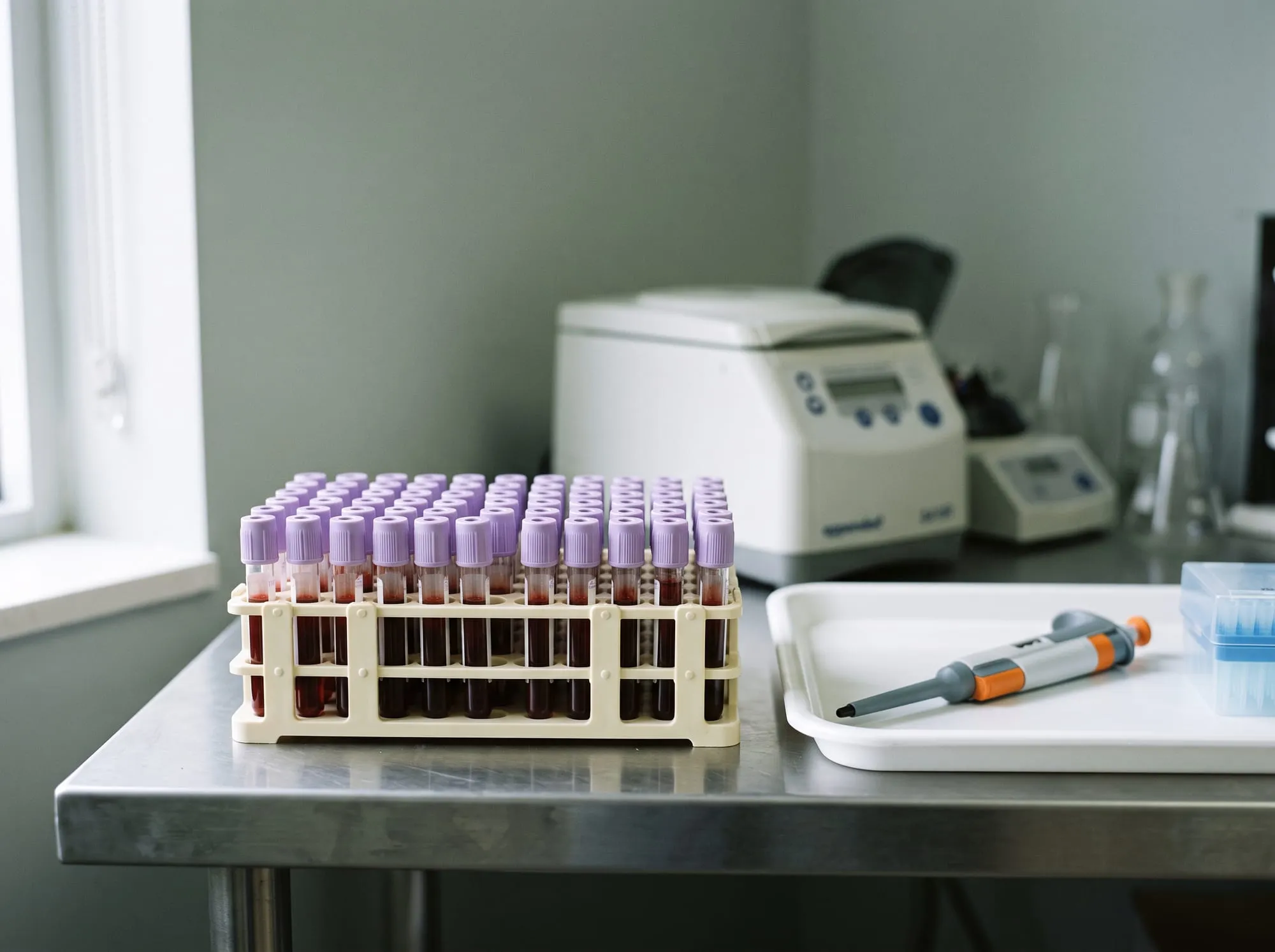 Laboratuvar tezgâhında lila kapaklı kan tüplerinden oluşan bir sehpa, yanında tepside otomatik pipet, arkada santrifüj